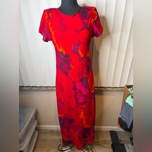 Gabrielle Vintage Y2K Floral Red Orange Maxi Shoulder Pads Dress Size Medium